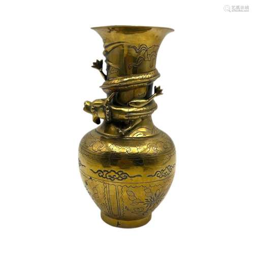A Chinese gilt bronze bottle vase, applied with a swirling c...