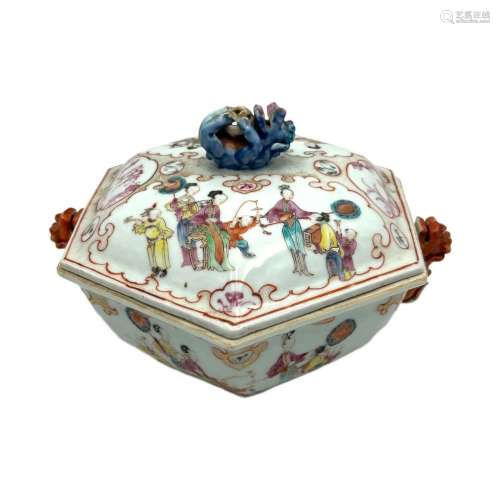 A Chinese famille rose hexagonal tureen and cover, enamelled...