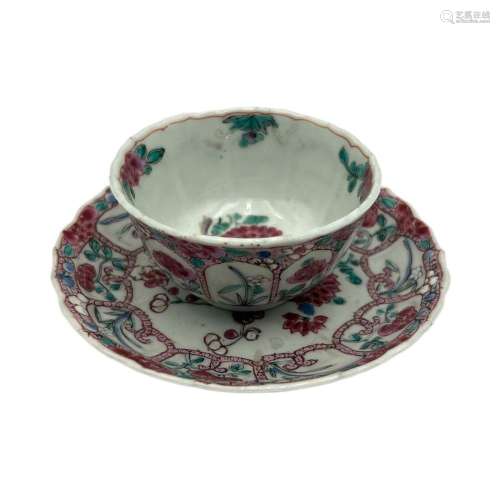 A set of a Chinese famille rose floral decorated teacup and ...