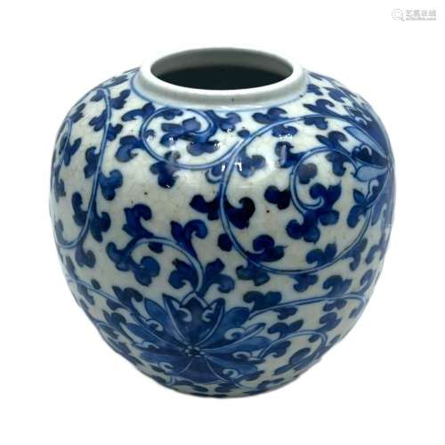 A Chinese blue and white  scrolling lotus  jar, Qing dynasty...