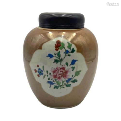 A fine Chinese café-au-lait ginger jar, famille rose decorat...