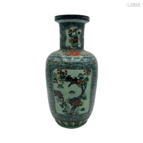 A Chinese famille verte on celadon ground rouleau vase, the ...