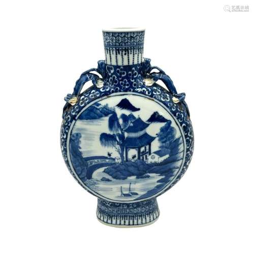 A Chinese blue and white moon flask, the roundel with a pavi...