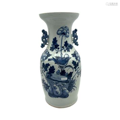 A blue and white on celadon ground vase, birds and flower br...