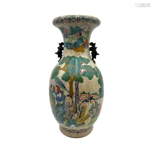 A rare Chinese crackle glazed vase, famille rose and gilt de...