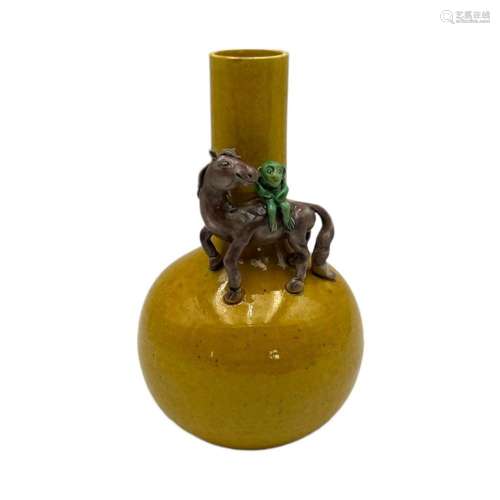 A Chinese yellow ground bottle vase, applied with a horse an...