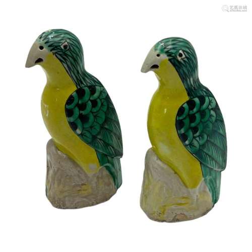A pair of parrots, glazed in yellow and green, Qianlong peri...