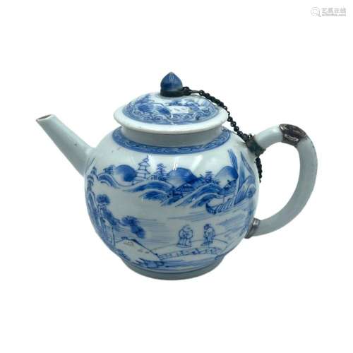 A Chinese blue and white teapot, decorated with figures in a...