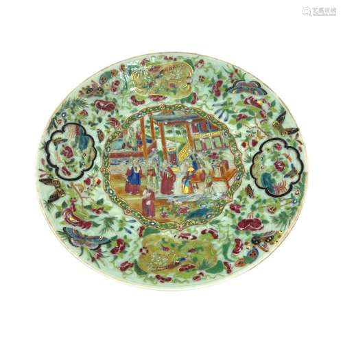 A Chinese Canton famille rose on celadon ground large plate,...