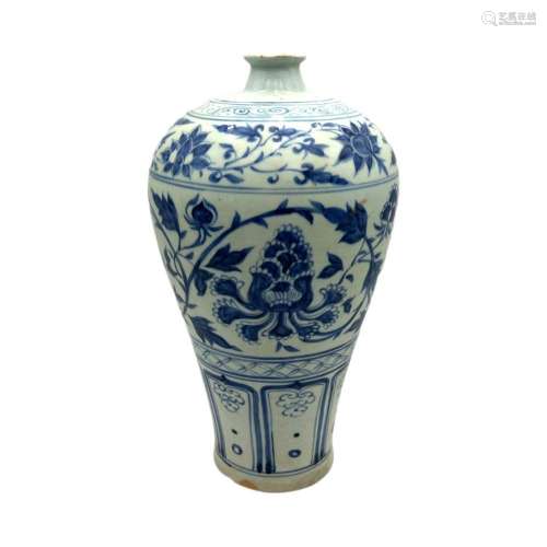 A Chinese blue and white meiping vase, decorated with scroll...