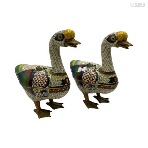 A pair of Chinese cloisonné enamelled duck boxes and covers,...