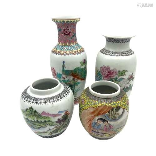Two famille rose vases and two ditto jars, 20thC, H 12,5 - 2...