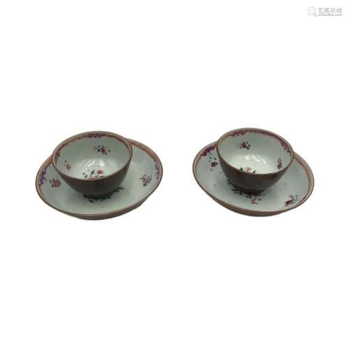 Two sets of Chinese famille rose café-au-lait glazed teacups...