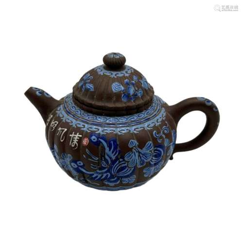 A Chinese blue and white enamelled zhisha teapot, H 14 - W 2...