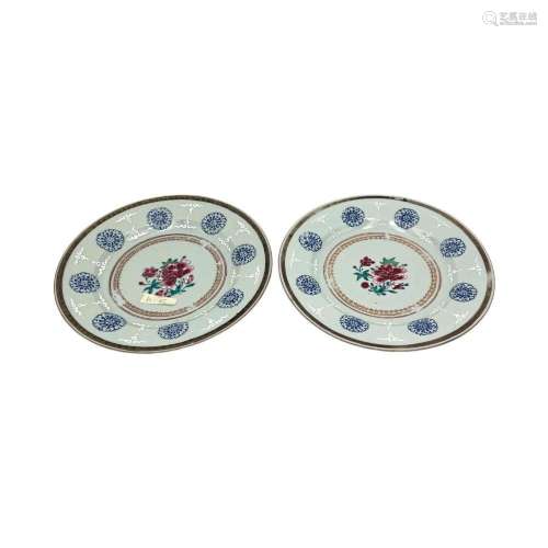 A pair of Chinese famille rose dishes, the roundel with a pe...