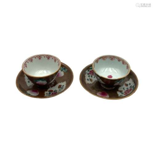 Two sets of Chinese famille rose and café-au-lait cups and s...