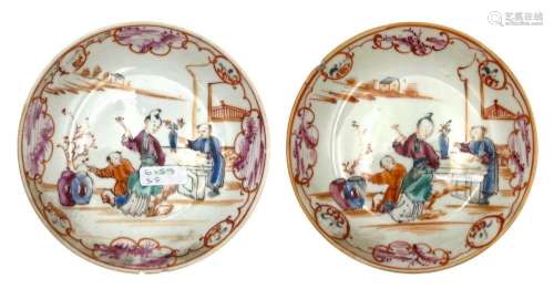 Two Chinese famille rose saucers, decorated with figures in ...