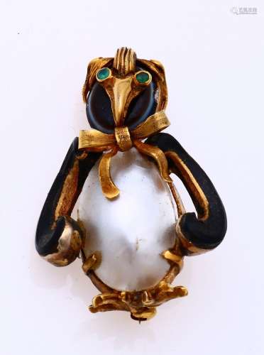 Golden brooch penguin with mother-of-pearl