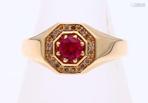 Gold men's ring with ruby and diamond