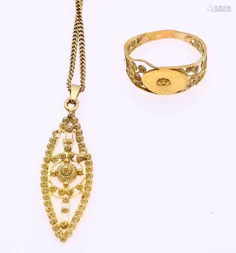 Gold necklace & ring, filigree