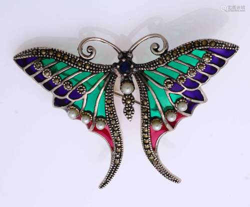 Silver brooch butterfly enamel