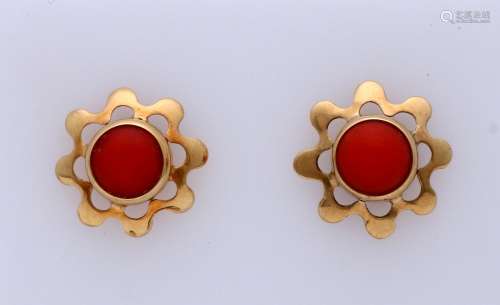 Gold ear studs with red coral