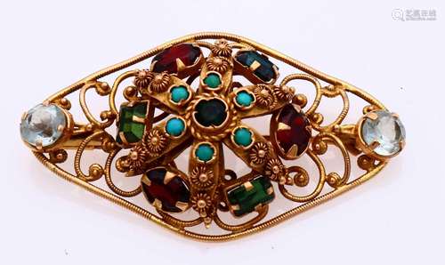 Gold brooch with colored stones