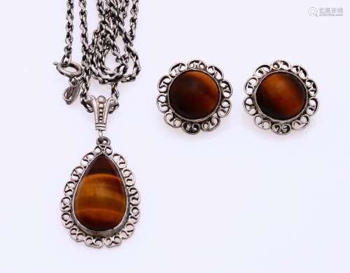 Silver pendant and earclips with tiger eye