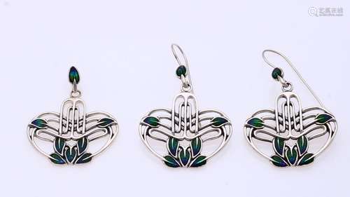 Silver pendant and ear studs , Art Deco