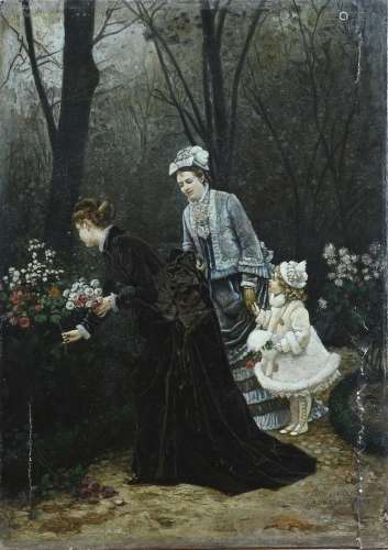 d'Apres Firmin Girard , Two ladies and girl pick flowers in ...