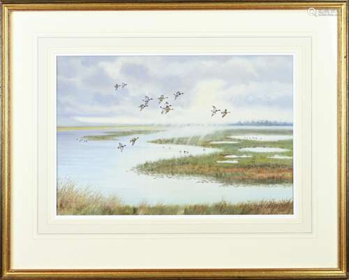 Richard Robjent , Water landscape with flying ducks