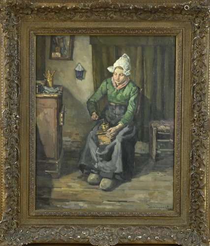 H. Weegewijs , Coffee -grinding peasant woman in interior