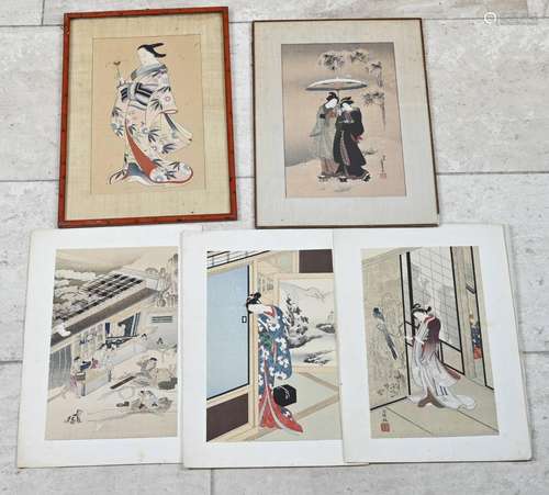 Five signed Japanese woodcuts , various