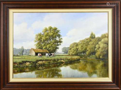 Jan Scholten, Summer Dutch river view with cows