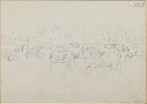 Charcoal drawing, Study cows in landscape