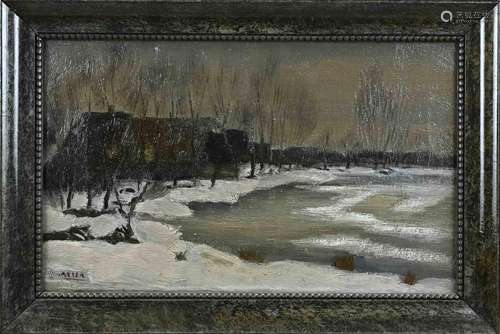 PH Haezer , Snowy landscape with pollard willows