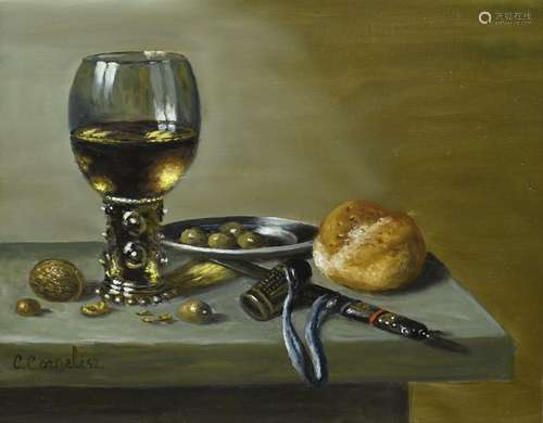 C. Cornelisz , Still life with Roemer, bread, walnut etc.