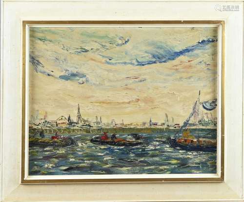 Unclear. signed ., Harbor view with ships