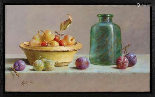 Hans Habraken , Still life with glass, pottery and plums