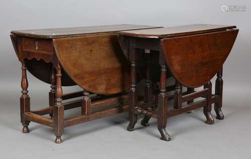 A late 17th century oak oval gateleg table with carved brega...