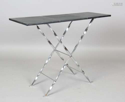 A modern chromium plated and black leather-topped hall table...