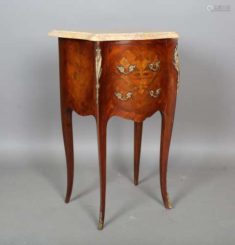 A 20th century French walnut and marquetry inlaid marble-top...