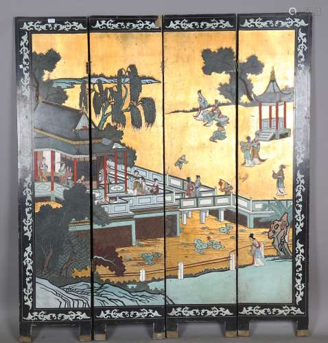 An early 20th century Chinese lacquered four-fold screen, de...