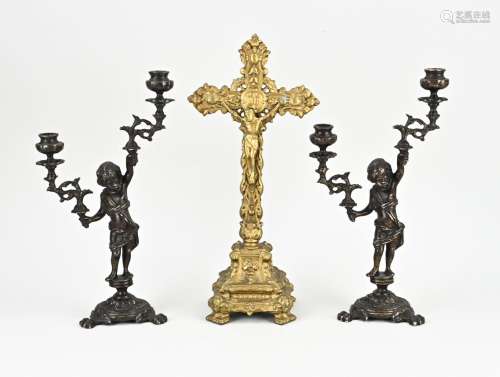 Two antique candlesticks + Holy cross