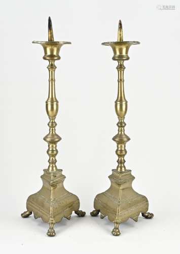 Two bronze ecclesiastical candlesticks, H 65 cm.