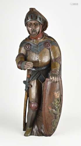 18th - 19th century carved knight figure, H 65 cm.