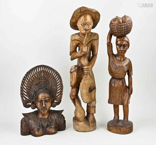 Three old wooden statues, H 37 - 66 cm.
