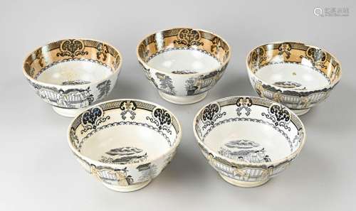 Five antique Petrus Regout cupboard bowls Ø 20 cm.