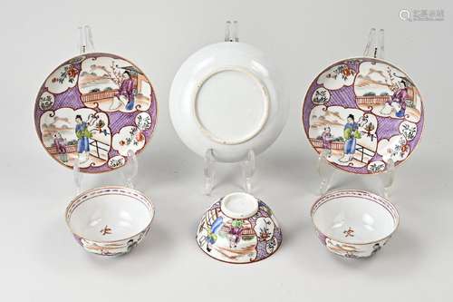 Three antique Chinese cups + saucers, 1800