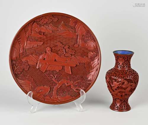 Two parts Chinese red lacquer